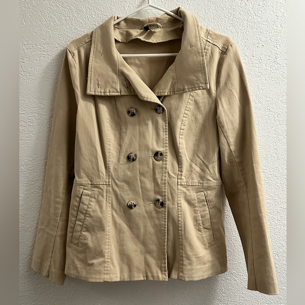 H&M Divided Tan Double Breasted Cotton Trech Coat jacket Pockets Size 12